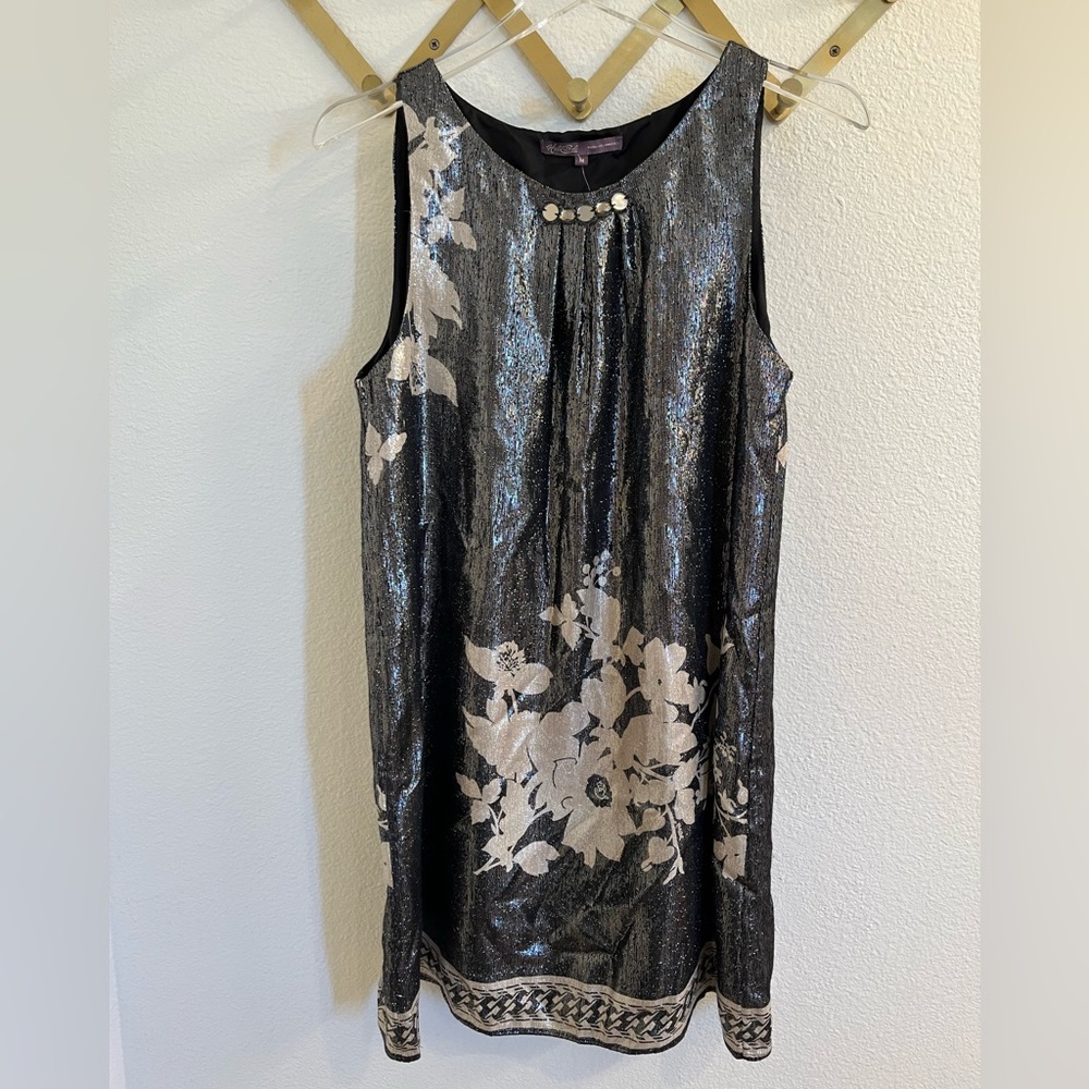 NWT Hale Bob Silk Floral Metallic Shift Dress Black Ivory Silver Medium